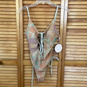 Orange Floral Lace-Up One-Piece Swimsuit